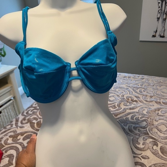 Cacique Teal Blue Underwire Lined Sequin Plunge Bra – Size 40D - Picture 2 of 5